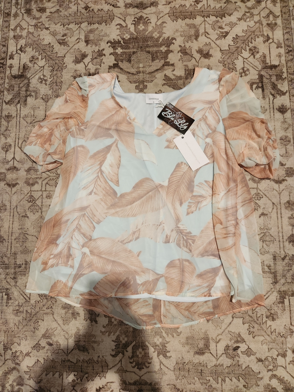 Adrienne Mint & Beige Leaf Print Puff Sleeve Blouse